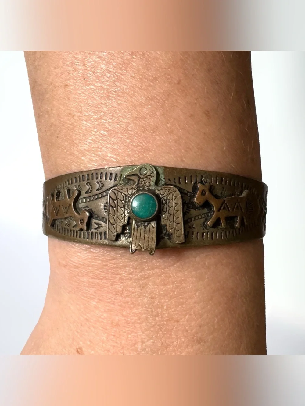 Vtg Nickel Silver Genuine Turquoise Thunderbird Horse Cuff Bracelet Southwest